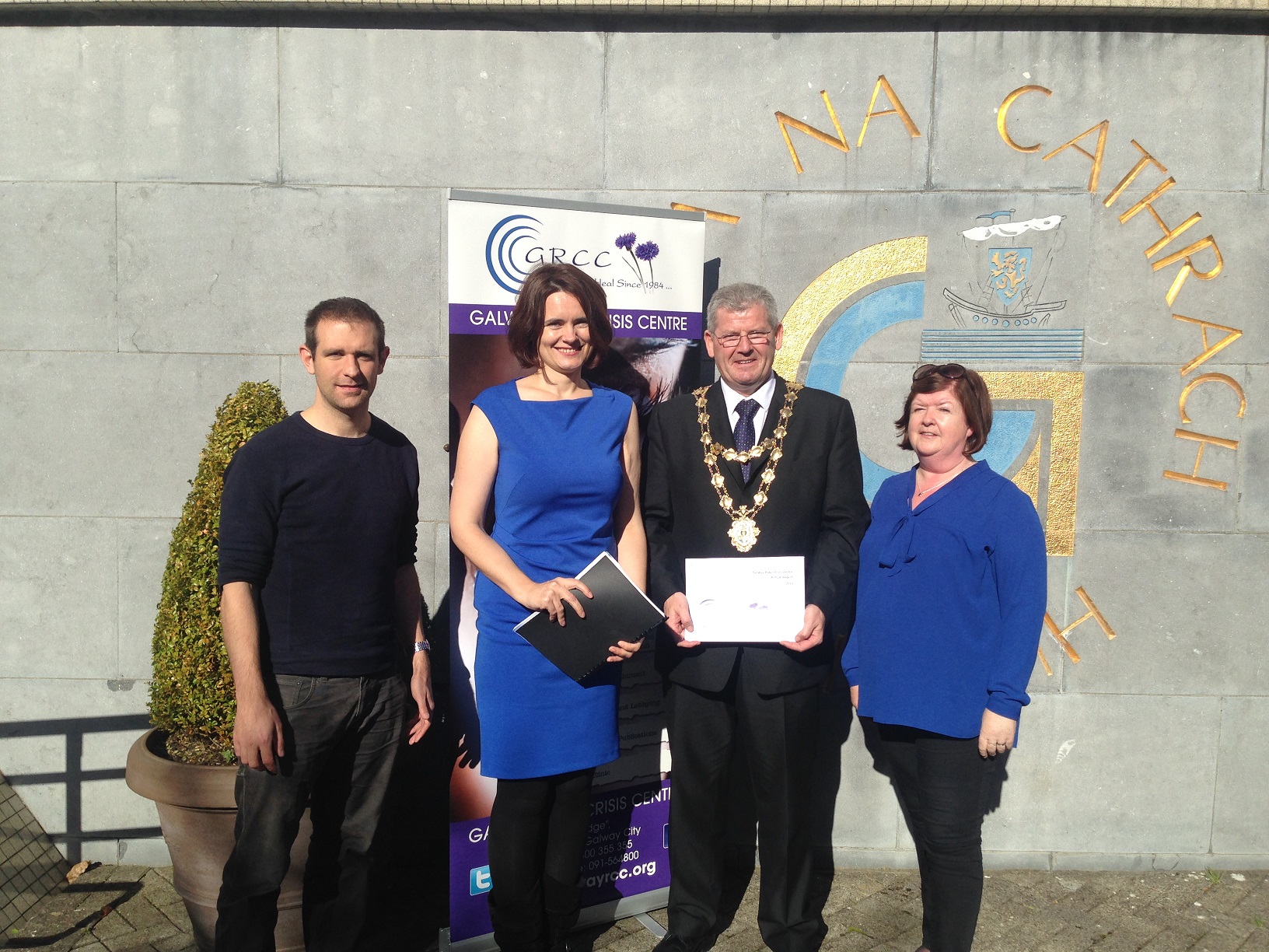L-R: Tom Meagher, White Ribbon Ireland, Aoibheann McCann Executive Director GRCC, Mayor Frank Fahy, Maree O'Connell, GRCC Board of Management